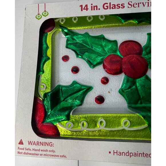 NEW Hand-Painted Glass Serving Tray Platter 14x9 Christmas Holly Leaves - Picture 4 of 8